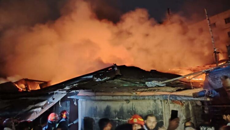 বাজারে আগুনে পুড়ে ছাই ৬ চাল ও কাঁচামালের আড়ত