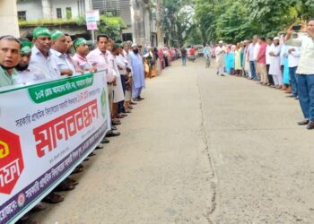 শেরপুরের শ্রীবরদীতে ১০ম গ্রেড বাস্তবায়নের দাবিতে সহকারী শিক্ষকদের মানববন্ধন
